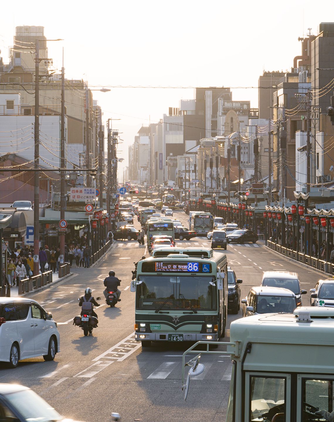 Sunset on a busy street in Kyoto